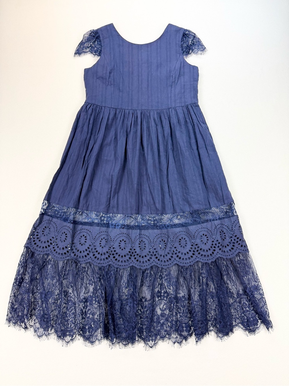 Senlis Blue Lace Eyelet Midi Dress Cottagecore Romantic Boho Prairie Feminine